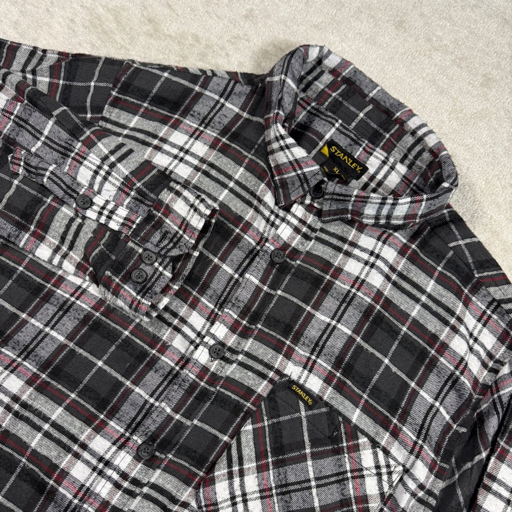 Stanley Flannel Shirt Mens XL‎ Black White Plaid Button Down Long Sleeve Pocket